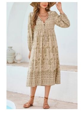 R.Vivimos Long Sleeve Floral Print Retro V Neck Tassel Bohemian Midi Dress